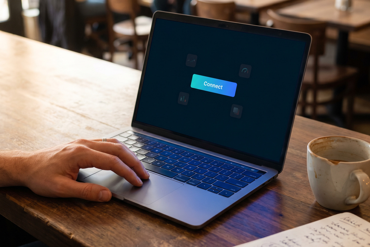 A laptop on a bistro counter showing RevenArc's Connect button