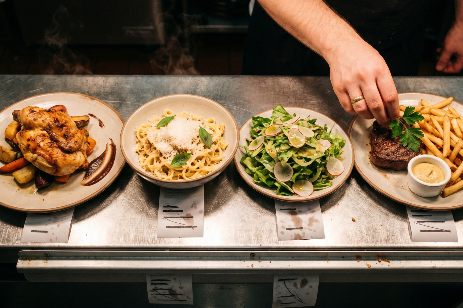 A chef plating and garnishing dishes on the kitchen line
