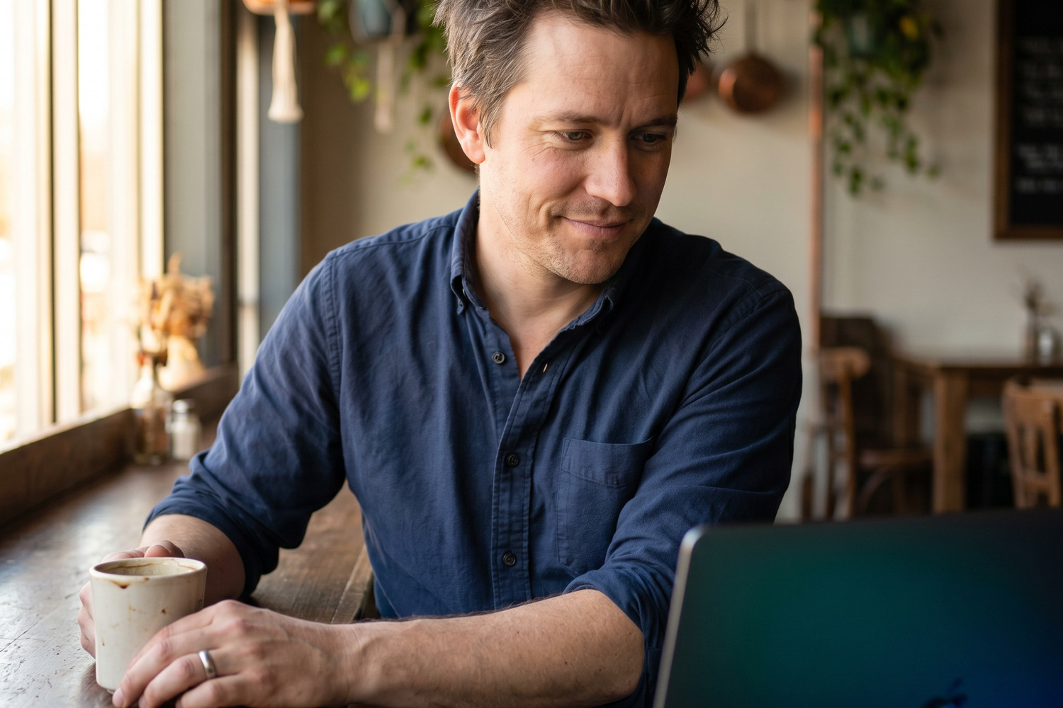 An operator reviewing RevenArc on a laptop with a coffee mug