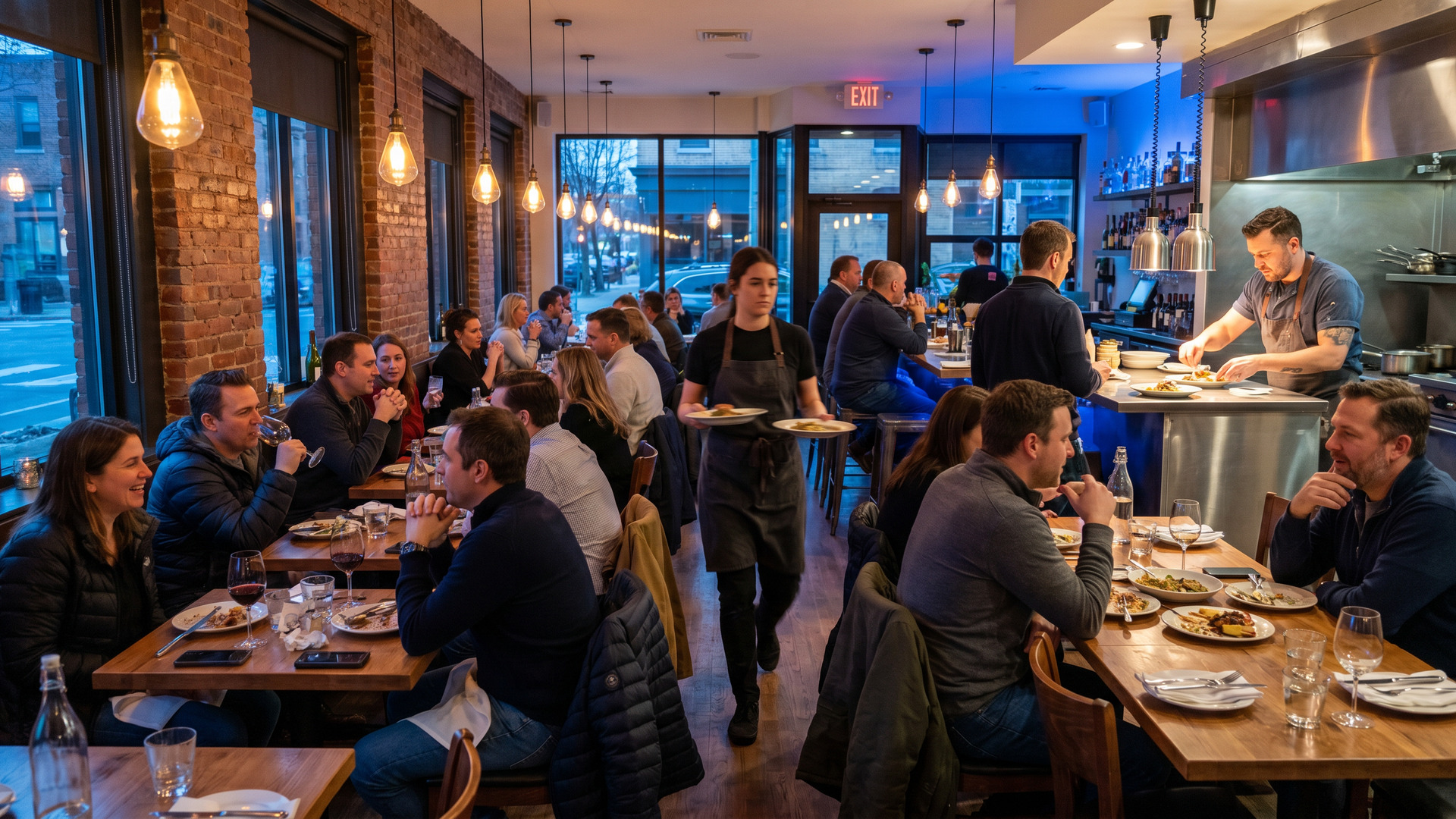 A bustling, full-capacity dining room during peak service